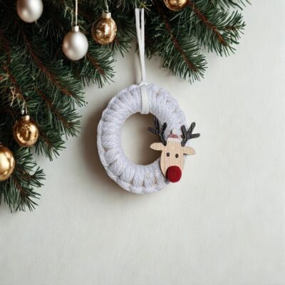 White with Wood Reindeer Mini Wreath